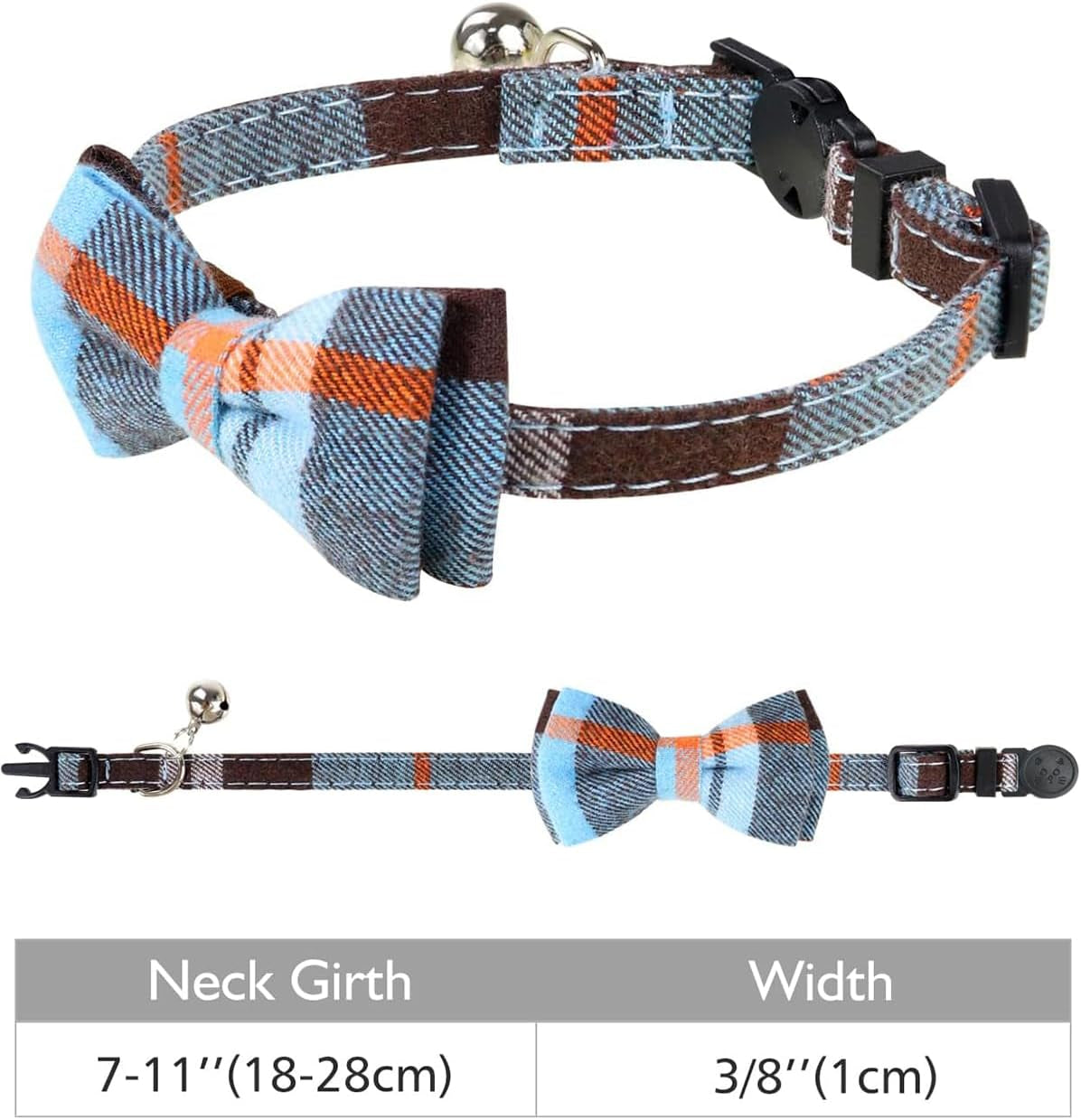 Upgraded Cat Collar with Bells, Breakaway Cat Collars with Bow Tie, 1 Pack Girl Boy Safety Plaid Kitten Collars, Haze Blue