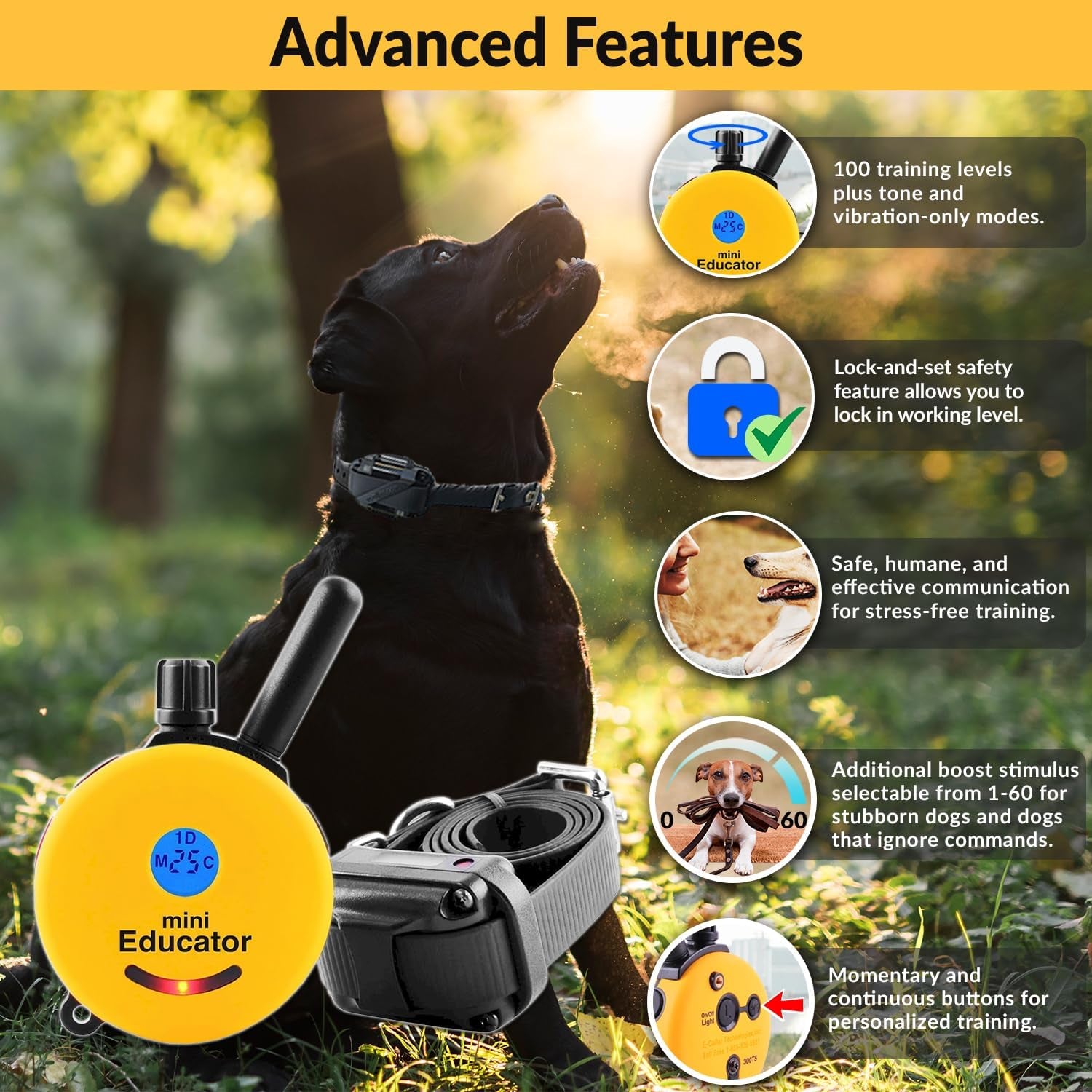 E-Collar Humane Dog Training Collar with Remote, 100 Safe Tapping Stimulation Levels, Waterproof, Rechargeable, 1/2 Mile 1 Small-Medium Dog, Yellow