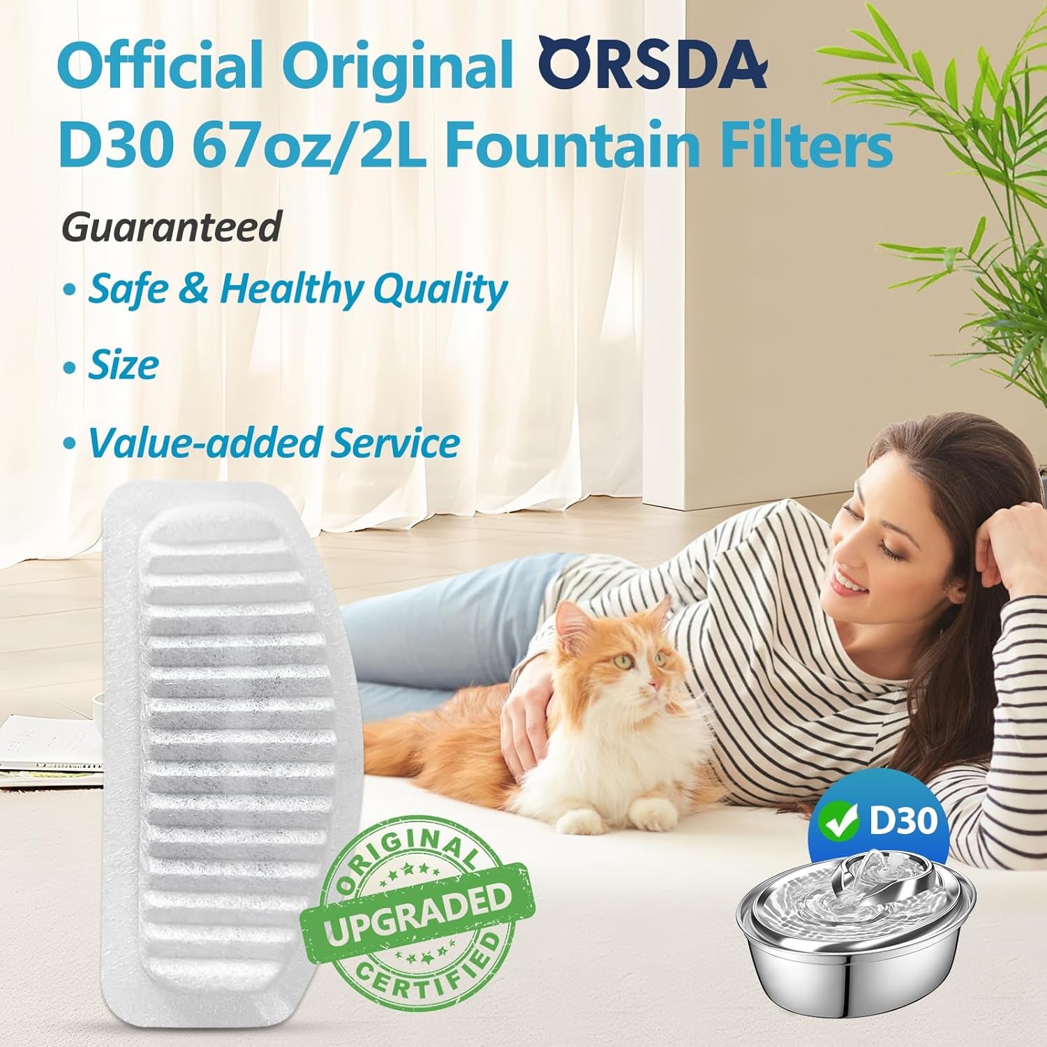 Cat Water Fountain Filters, Replacement Carbon, Resin Filters for D30 67Oz/2L Automatic Pet Fountain Cat Water Fountain Dog Water Dispenser, 3 Triple Filtration System(6Pcs 67Oz/2L Filters)