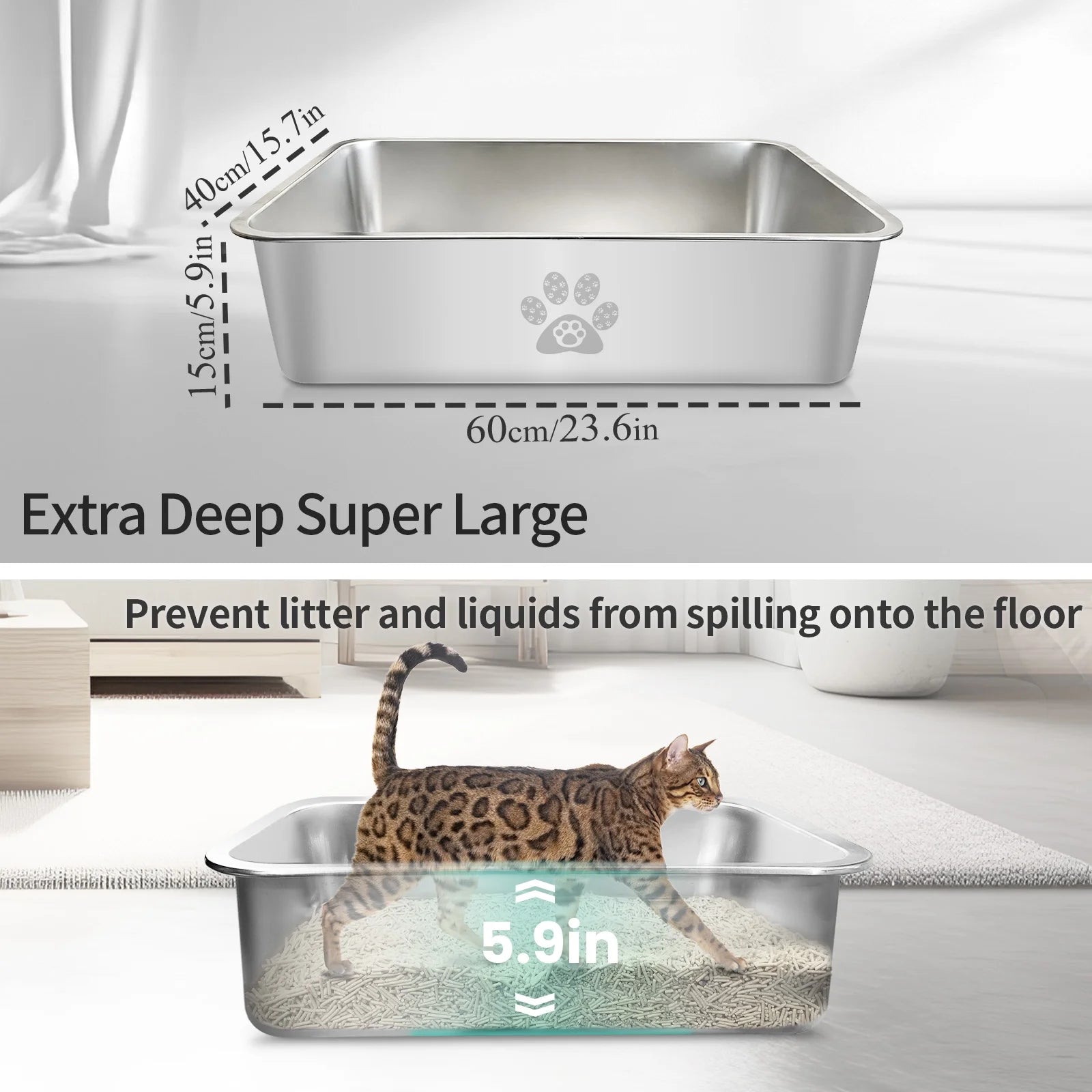 Cat Litter Box with High Sides Large Stainless Steel Cat Litter Pan 23.6" X 15.7" X 7.9"